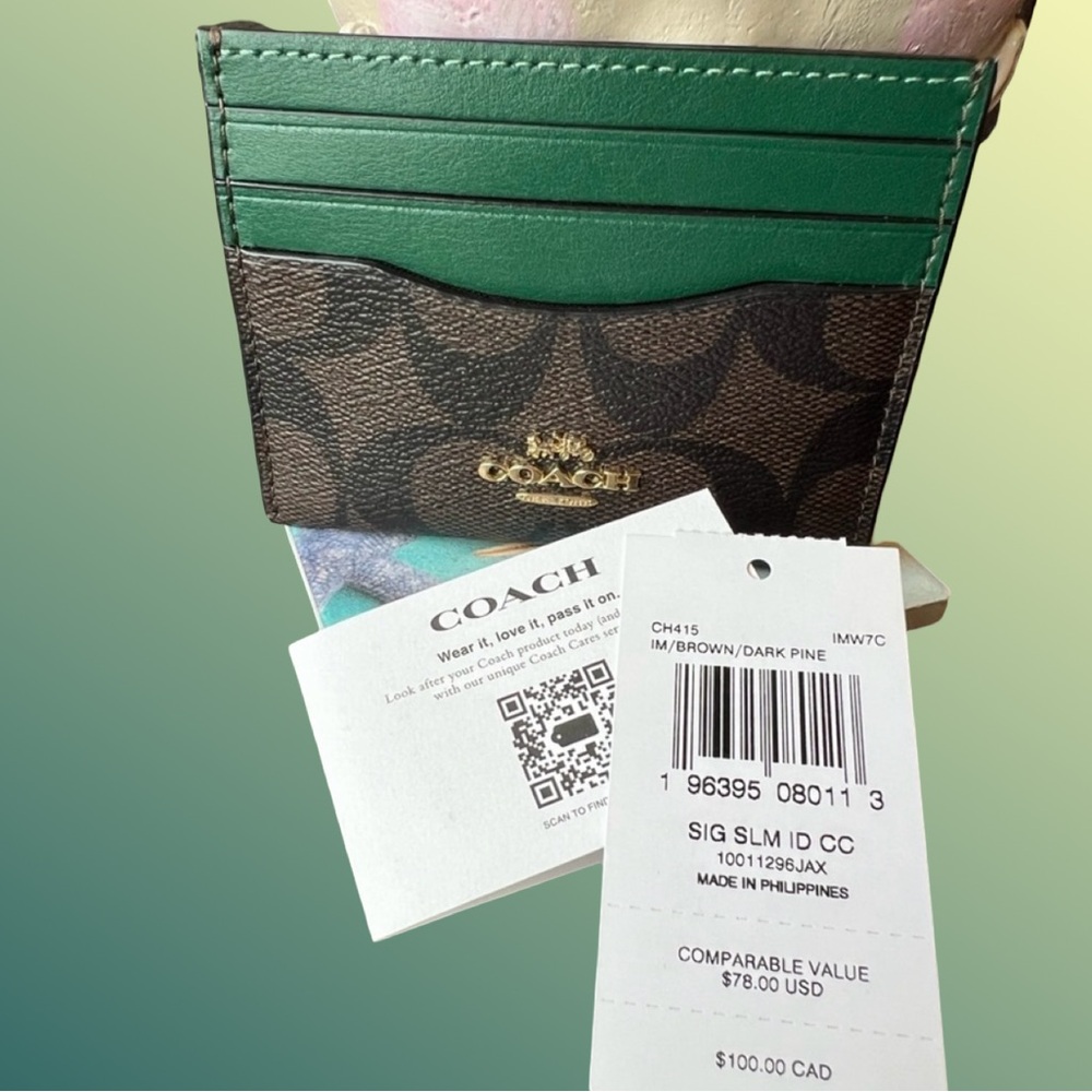 Coach Signature Card Case in Dark Brown and Green - Picture 2 of 6